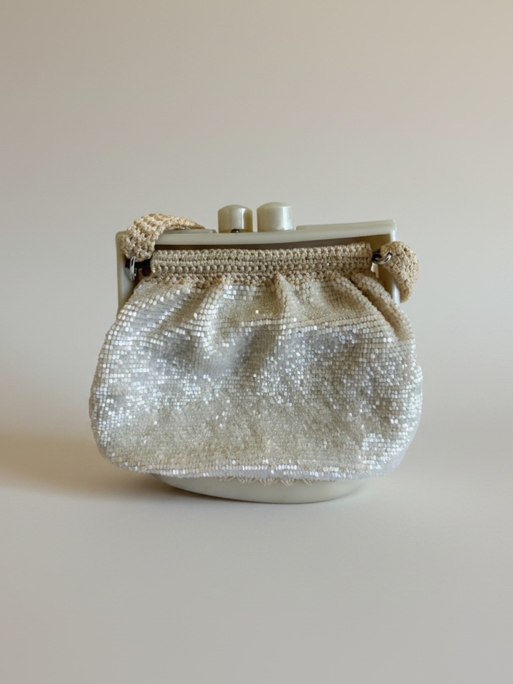Vintage White Beaded Lucite Frame Evening Bag Bridal Purse
